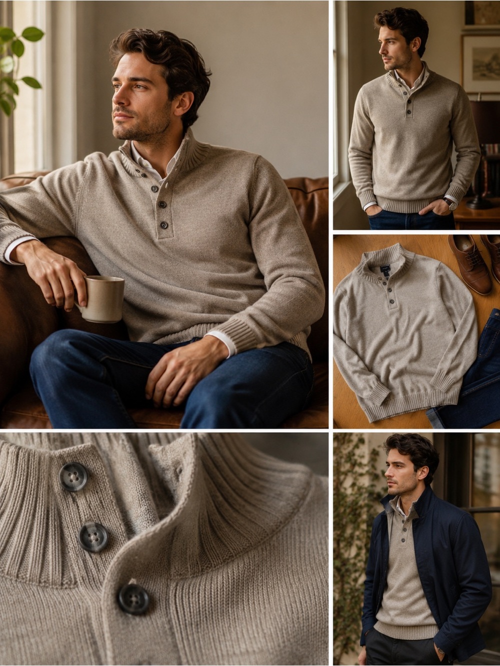 G.H. Bass Beige Cotton Mock Neck Henley Sweater Mens Medium Preppy Classic Knit
